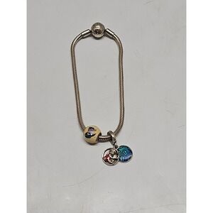 Pandora Ster. Silver 7.5" Ball Clasp Thin Snake Bracelet W/ 2 Lilo &Stitch Charm